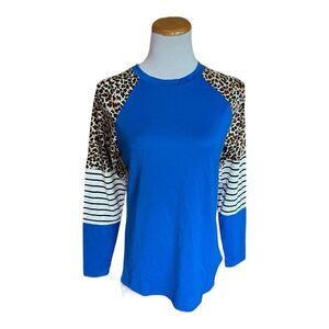 NWT Womens Boutique Sunshine & Rodeos Stripes & Leopard Casual LS Top Tee - Sz S
